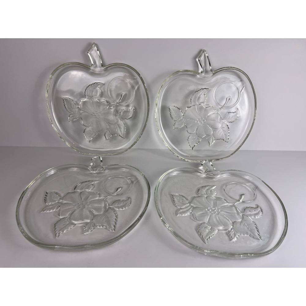 Set Of 4 Apple Shape Plates - 8 1/2" - Pressed Glass Apple Blossoms Fall Autumn
